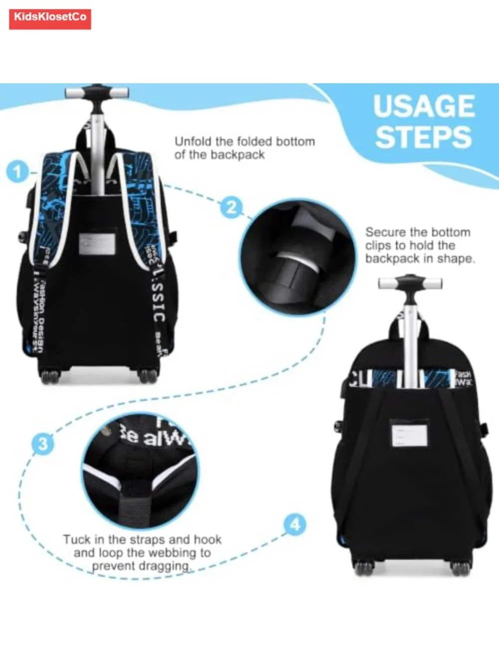 Rolling Backpack for Boys with Wheels, Glow in Dark, Water Resistant, 900D